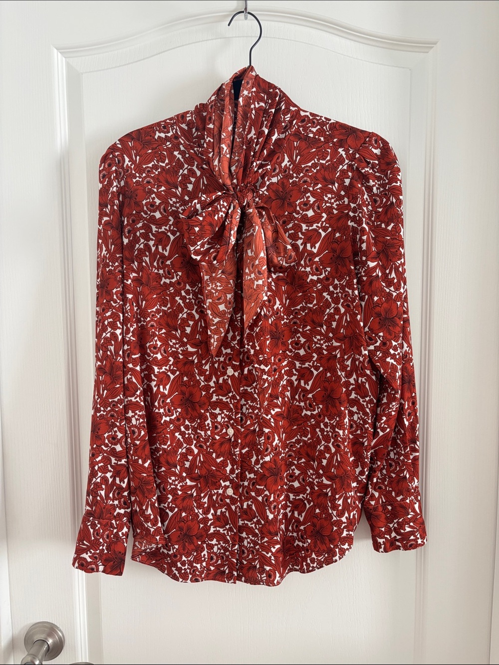 Ann Taylor Red Floral Tie-Neck Dress Shirt
